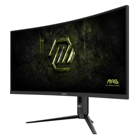 Right angled view of the MSI MAG 342CQRF E20 34-inch ultrawide monitor mounted on its ergonomic stand.