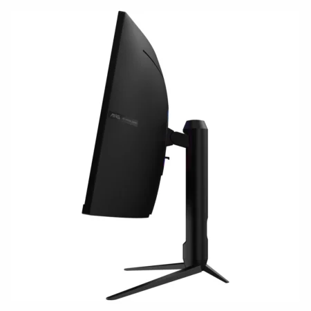 Demonstration of height, swivel, tilt, and pivot ergonomic adjustments on the MSI MAG 342CQRF E20 stand.
