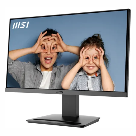 Right angled view of the MSI PRO MP223 E2 21.45-inch office monitor mounted on its desk stand.