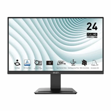 The MSI PRO MP2412 23.8-inch 100Hz FHD business black monitor displaying office desktop software.