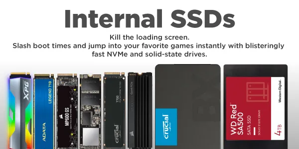 OnlyGaming category banner for Internal SSDs. The image displays a lineup of M.2 NVMe and 2.5-inch SATA solid-state drives from top brands including XPG, ADATA, Corsair, WD Blue, Crucial, and Seagate IronWolf. The text reads: Internal SSDs. Kill the loading screen. Slash boot times and jump into your favorite games instantly with blisteringly fast NVMe and solid-state drives.