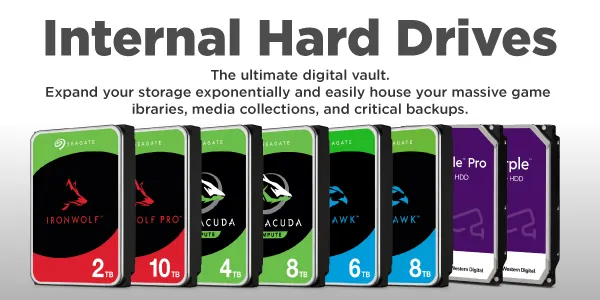 OnlyGaming category banner for Internal Hard Drives. The image displays a lineup of Seagate IronWolf, BarraCuda, and SkyHawk hard drives alongside Western Digital Purple HDDs ranging in capacities from 2TB to 10TB. The text reads: Internal Hard Drives. The ultimate digital vault. Expand your storage exponentially and easily house your massive game libraries, media collections, and critical backups.