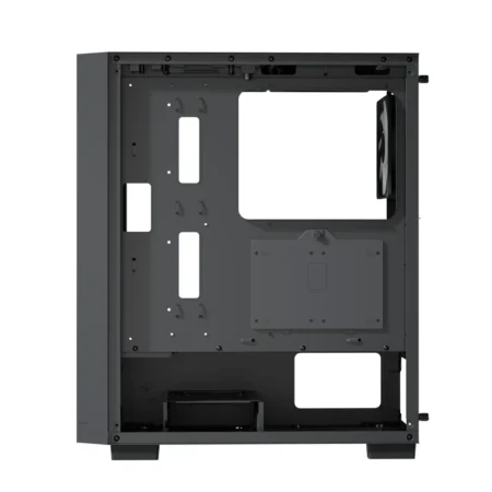 Direct side view of the AeroCool B509A Flow with the solid panel removed, revealing the 21mm cable routing space.