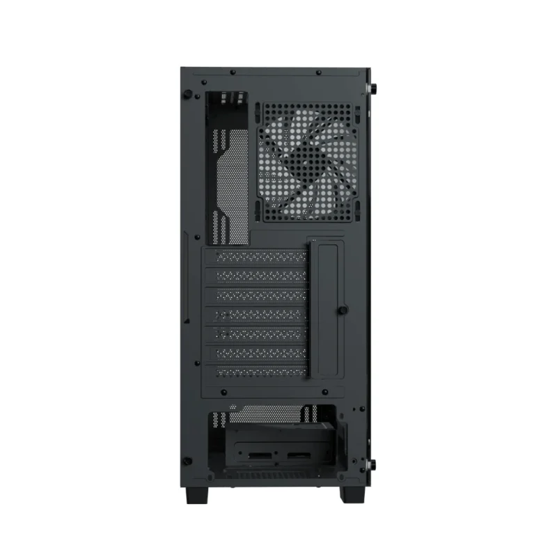 Direct rear view of the AeroCool B509A Flow PC case showing the 7 expansion slots and ATX PSU cutout.