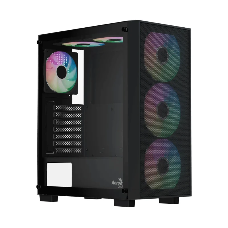 aerocool-b509a-flow-black-front-angle-1 A hero shot of the black AeroCool B509A Flow Mid-Tower PC Case on a clean background.