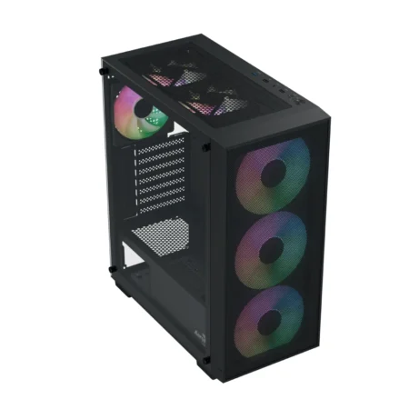 Another front angle view of the AeroCool B509A Flow, highlighting the full mesh airflow front panel and ARGB fans.