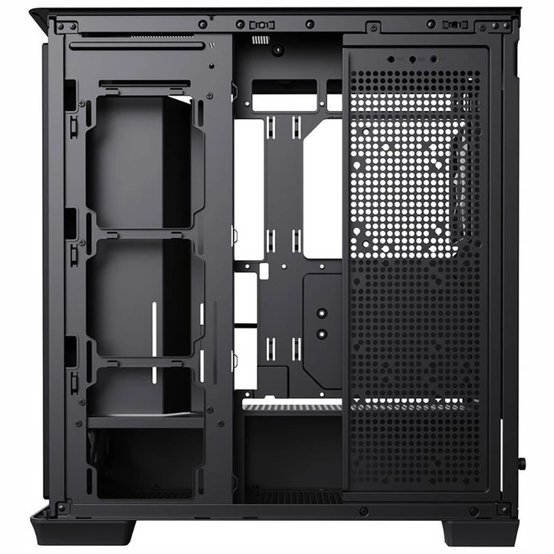 Direct side view of the APNX C1-R with the cable management panel removed, revealing the massive 40mm routing space.