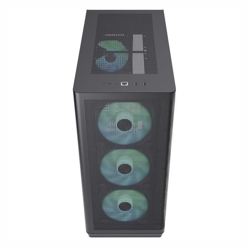 Direct front view of the APNX C1-R Premium PC case, with a slight upward angle showcasing both the mesh front and the ventilated top panel.