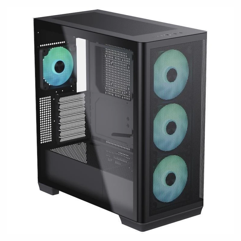 Another front angle view of the APNX C1-R in black, highlighting its iF award-winning mesh front panel.