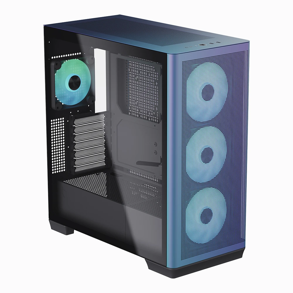 A hero shot of the APNX C1-R Premium Mid-Tower PC Case in ChromaFlair on a clean background.