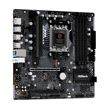 Angled view of the ASRock B650M PG Lightning Micro-ATX motherboard showcasing its stealthy black PCB.