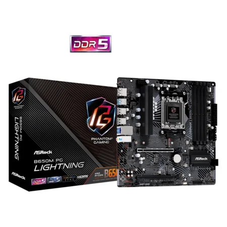 The ASRock B650M PG Lightning motherboard displayed alongside its Phantom Gaming retail packaging.