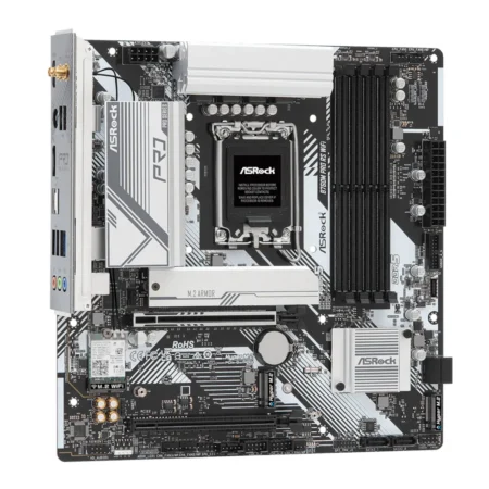 Angled view of the ASRock B760M Pro RS WiFi Micro-ATX motherboard showcasing its white and silver heatsinks.