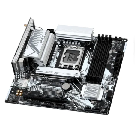 Top-down view of the ASRock B760M Pro RS WiFi detailing the LGA 1700 socket and dual-channel DDR5 slots.