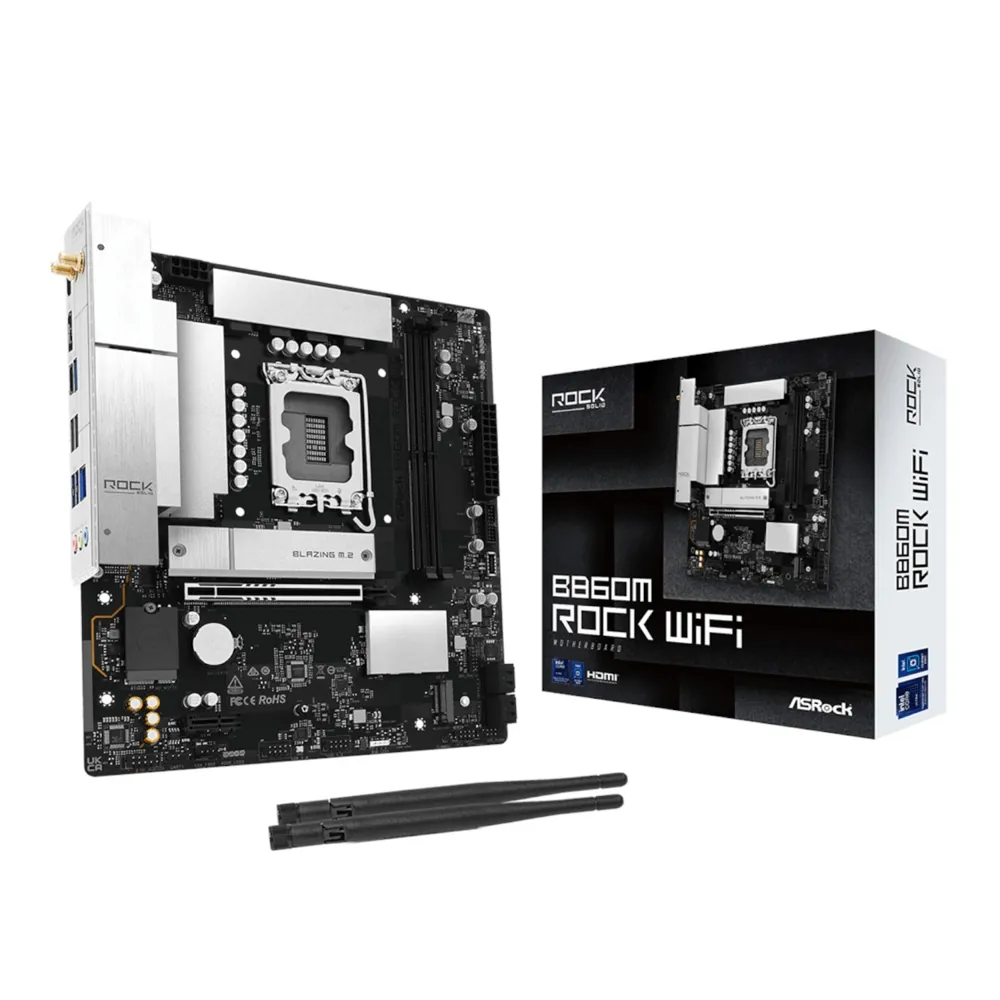 The ASRock B860M Rock WiFi motherboard displayed alongside its official retail packaging.