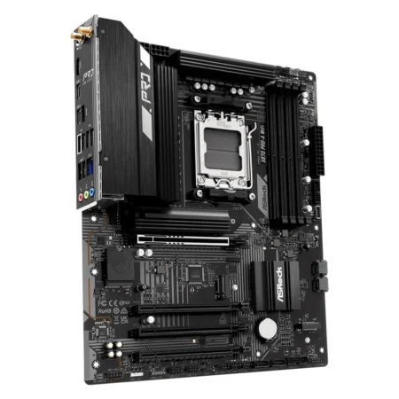 Angled view of the ASRock X870 Pro-A WiFi ATX motherboard showcasing its sleek silver heatsink armor.