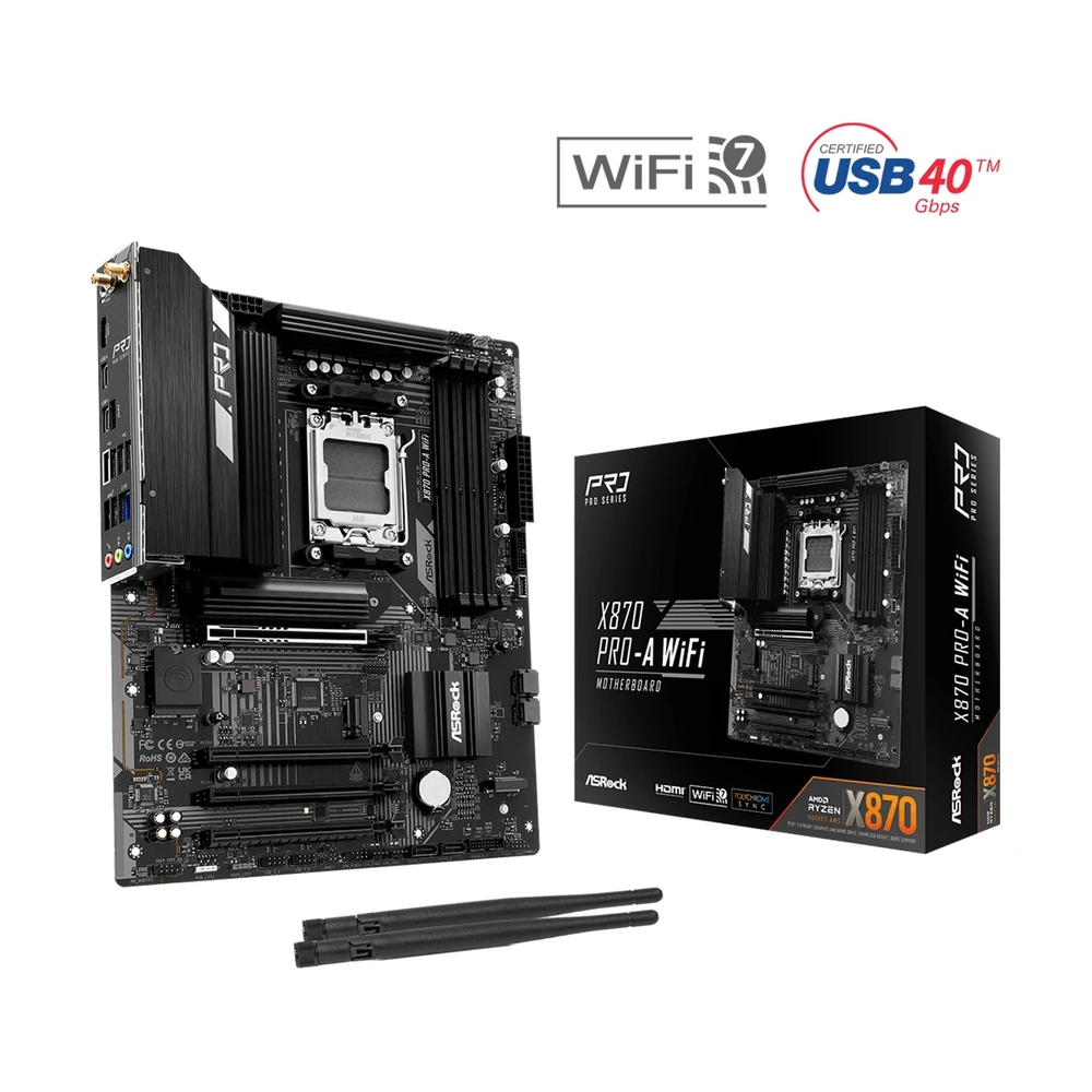 The ASRock X870 Pro-A WiFi motherboard displayed alongside its official retail packaging.