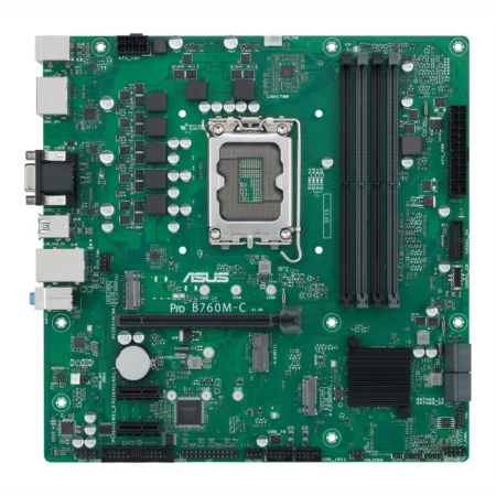Full board layout of the Pro B760M-C-CSM highlighting the dual M.2 slots and COM port headers.