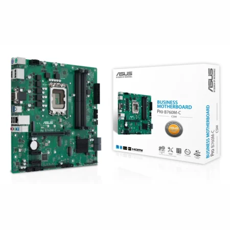 The ASUS Pro B760M-C-CSM motherboard displayed alongside its professional CSM retail packaging.
