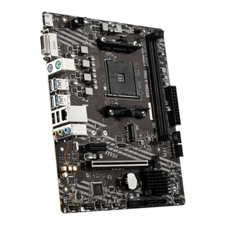 Angled view of the MSI B550M-A PRO Micro-ATX motherboard showcasing its stealthy dark PCB.