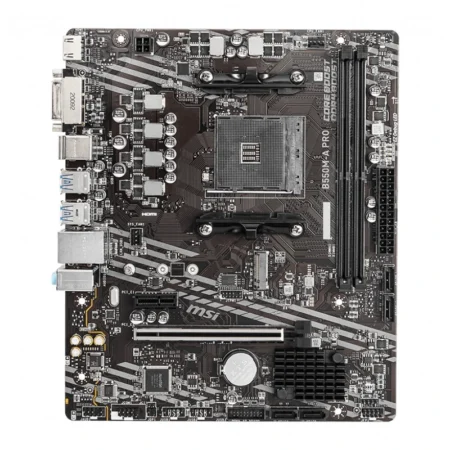 Full board layout of the B550M-A PRO highlighting the M.2 slot and PCIe expansion slots.