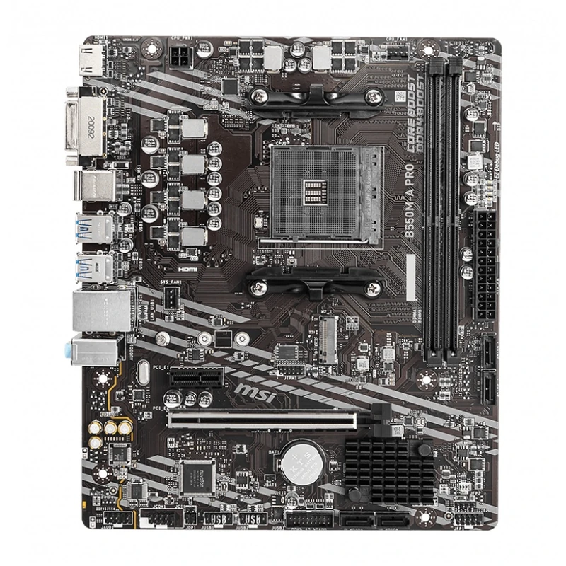 Full board layout of the B550M-A PRO highlighting the M.2 slot and PCIe expansion slots.