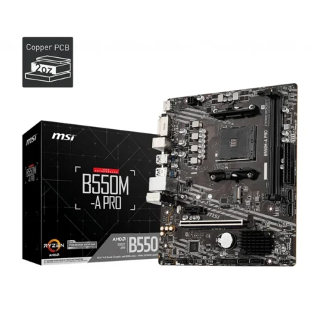 The MSI B550M-A PRO motherboard displayed alongside its official retail packaging.