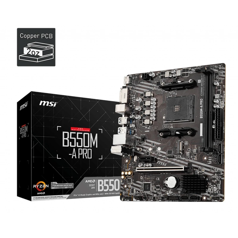 The MSI B550M-A PRO motherboard displayed alongside its official retail packaging.