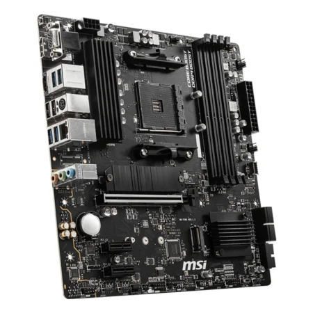 Angled view of the MSI B550M PRO-VDH Micro-ATX motherboard showcasing its professional black aesthetic.