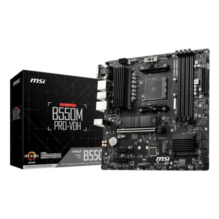 The MSI B550M PRO-VDH motherboard displayed alongside its professional PRO series retail packaging.