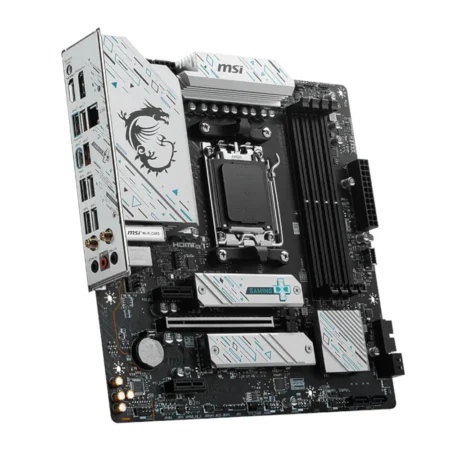 Angled view of the MSI B650M GAMING PLUS WIFI Micro-ATX motherboard showcasing its sleek silver and black heatsinks.