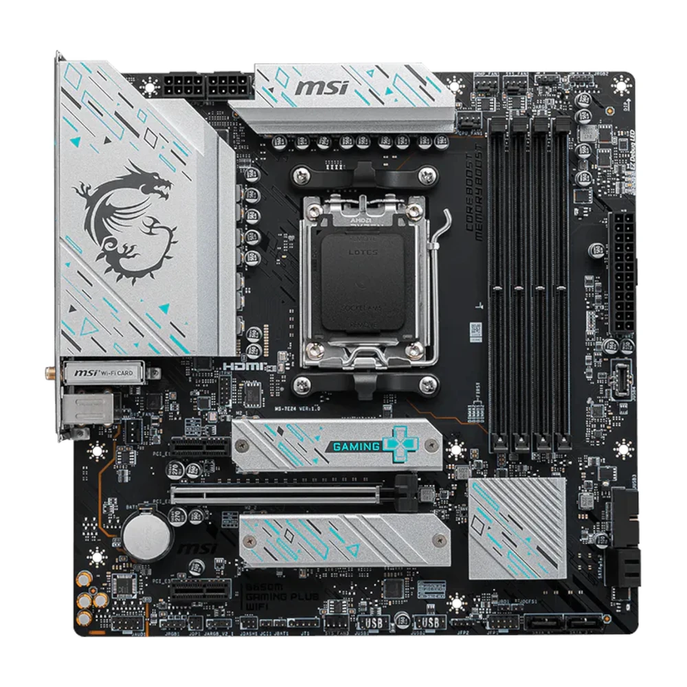 The MSI B650M GAMING PLUS WIFI motherboard displaying its compact micro-ATX form factor.