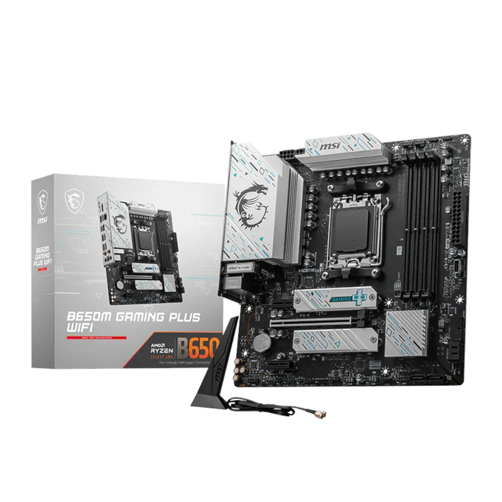 The MSI B650M GAMING PLUS WIFI motherboard displayed alongside its gaming-themed retail packaging.