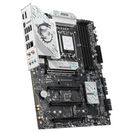 Angled view of the MSI B860 GAMING PLUS WIFI ATX motherboard showcasing the extended VRM heatsinks.
