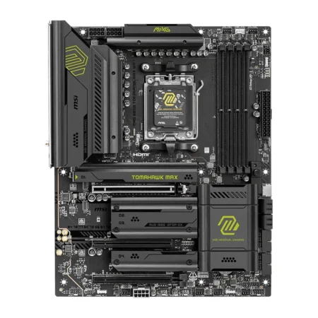 Full board layout of the MAG B850 TOMAHAWK MAX WIFI highlighting the quad M.2 slots and PCIe expansion.