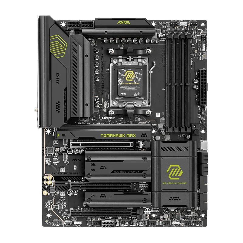 Full board layout of the MAG B850 TOMAHAWK MAX WIFI highlighting the quad M.2 slots and PCIe expansion.