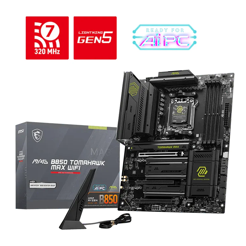 The MSI MAG B850 TOMAHAWK MAX WIFI motherboard displayed alongside its military-themed retail packaging.