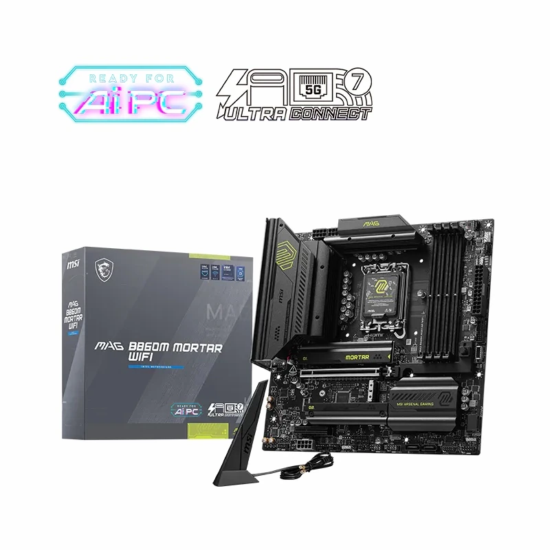 The MSI MAG B860M MORTAR WIFI motherboard displayed alongside its military-themed retail packaging.