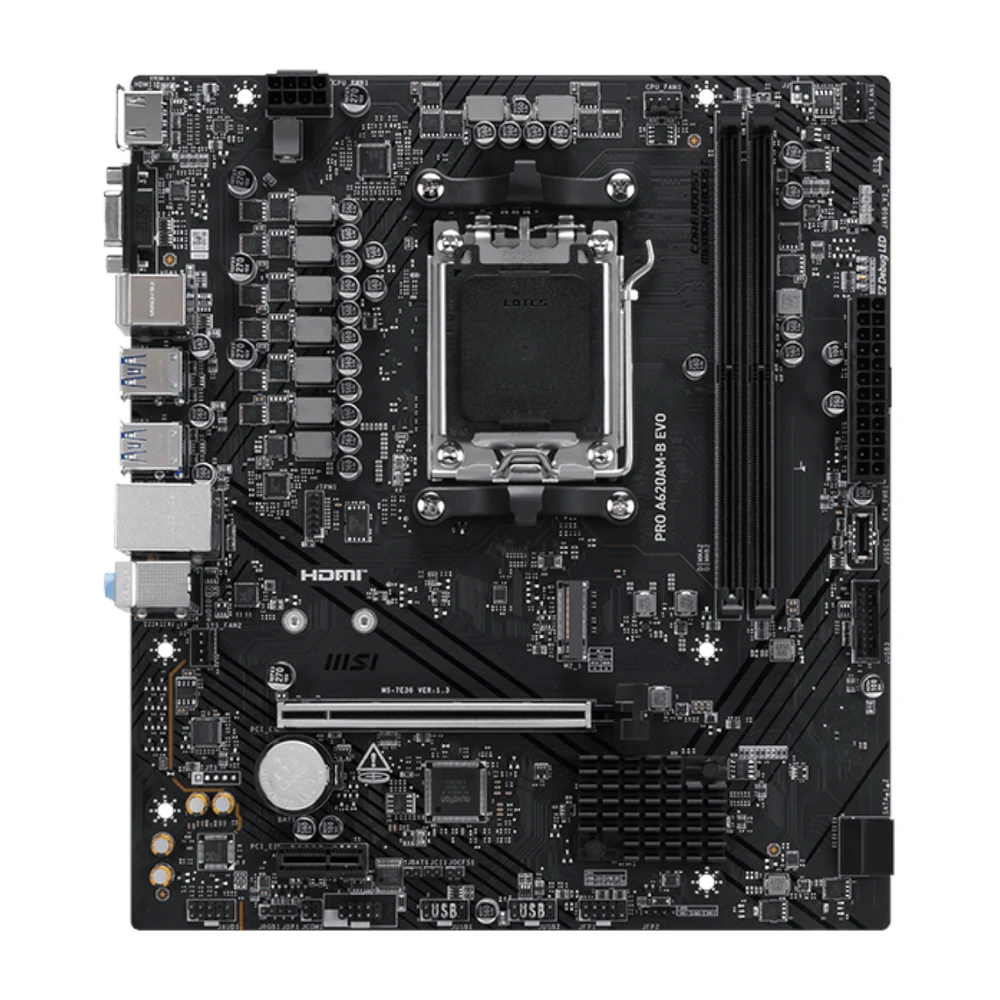 Full board layout of the PRO A620AM-B EVO highlighting the M.2 socket and PCIe expansion slot.