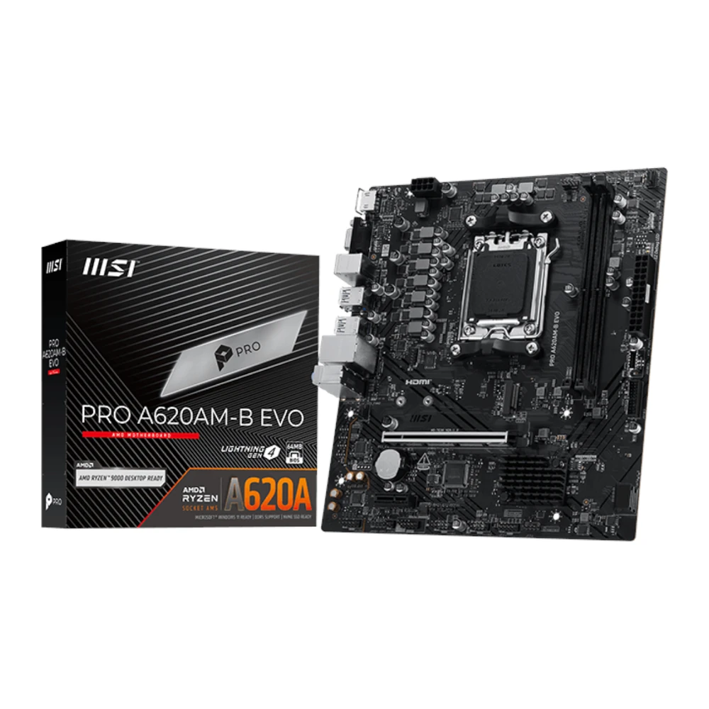 The MSI PRO A620AM-B EVO motherboard displayed alongside its professional PRO series retail packaging.