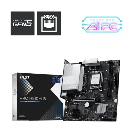 The MSI PRO H810M-B motherboard displayed alongside its professional PRO series retail packaging.