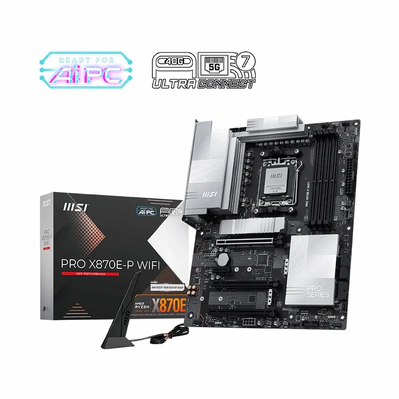 The MSI PRO X870E-P WIFI motherboard displayed alongside its elegant professional retail packaging.