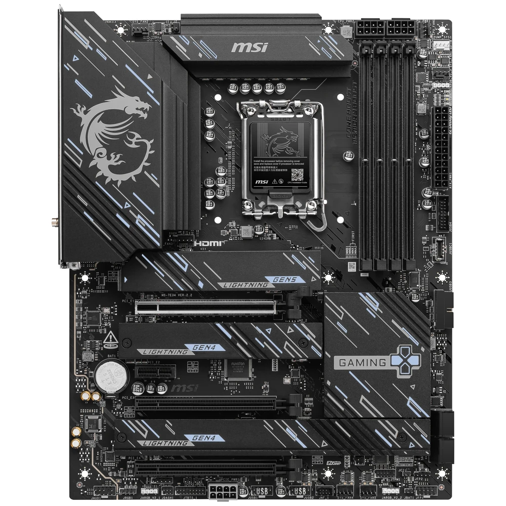 Full board layout of the MSI Z890 GAMING WIFI6E highlighting the triple M.2 slots and PCIe expansion.