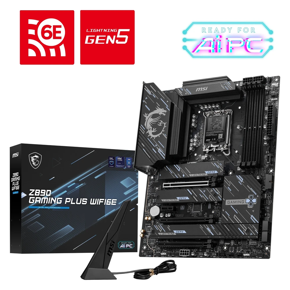 The MSI Z890 GAMING WIFI6E motherboard displayed alongside its gaming-themed retail packaging.