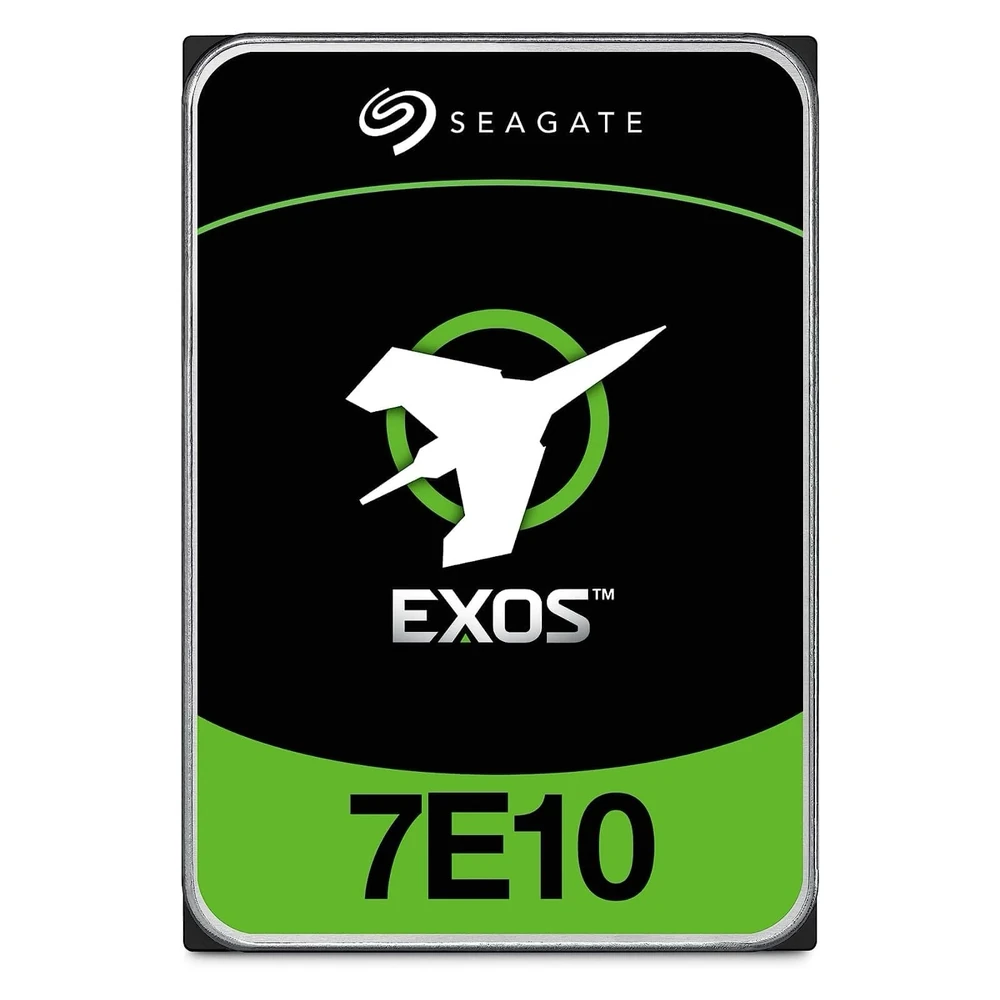 A direct front view of the Seagate Exos 7E10 10TB standing upright, showing the full height and label.
