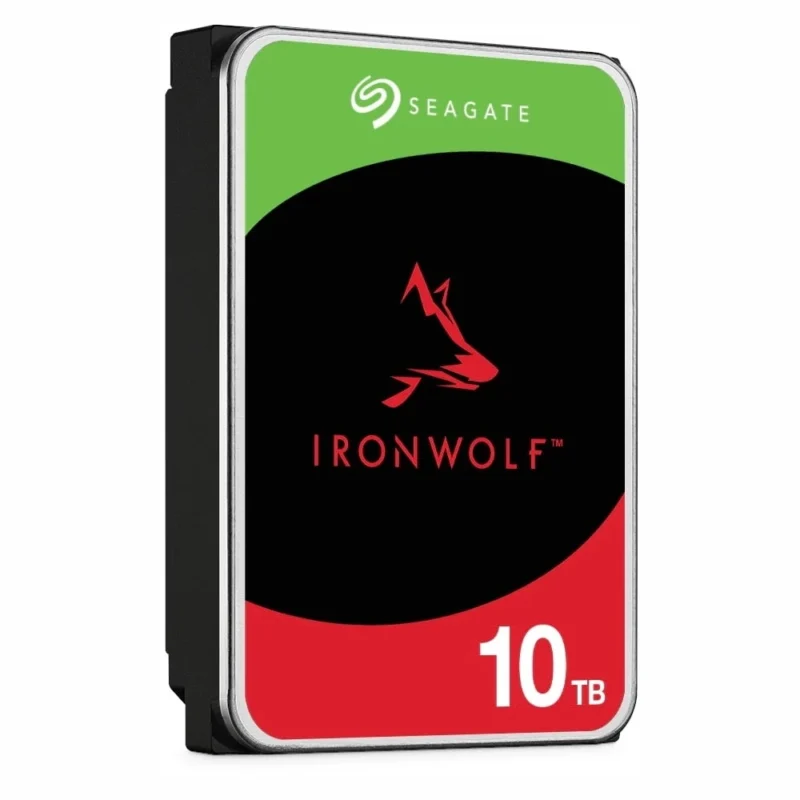 A slightly angled left-facing view of the Seagate IronWolf 10TB standing upright, displaying the full front product label.
