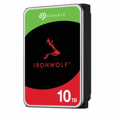 A slightly angled right-facing view of the Seagate IronWolf 10TB standing upright, with the full front label clearly visible.