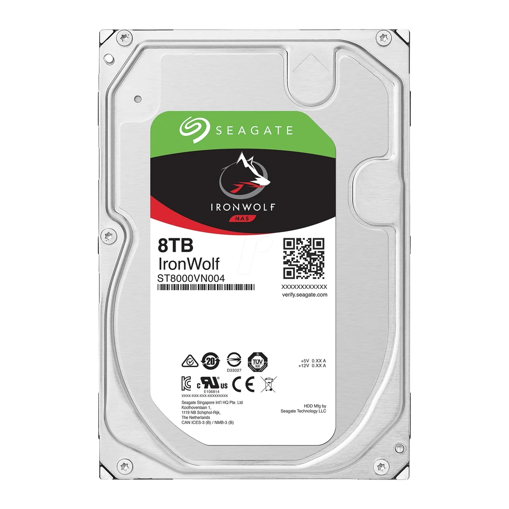 A direct front view of the Seagate IronWolf 8TB standing upright, showing the full height and label.
