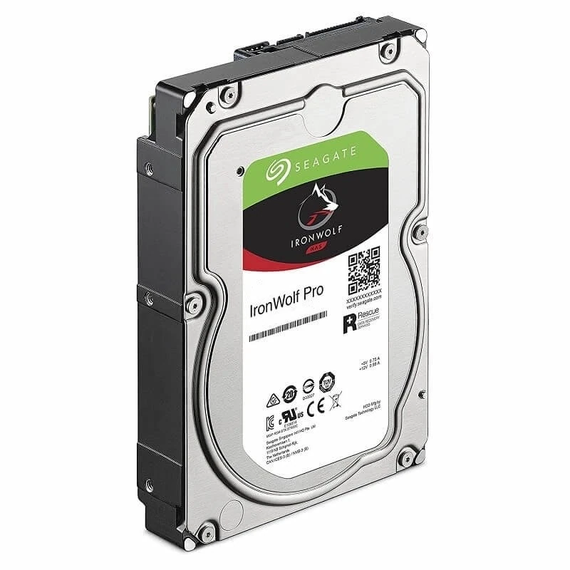 A direct left side view of the Seagate IronWolf 8TB standing upright, highlighting its mounting points.