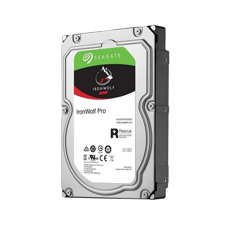 A slightly angled right-facing view of the Seagate IronWolf 8TB standing upright, with the full front label clearly visible.